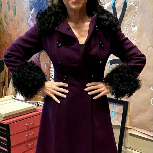 Retro VTG Purple Miss Magnin for I. Magnin Wool Coat curly lamb collar cuffs XS - Picture 11 of 15